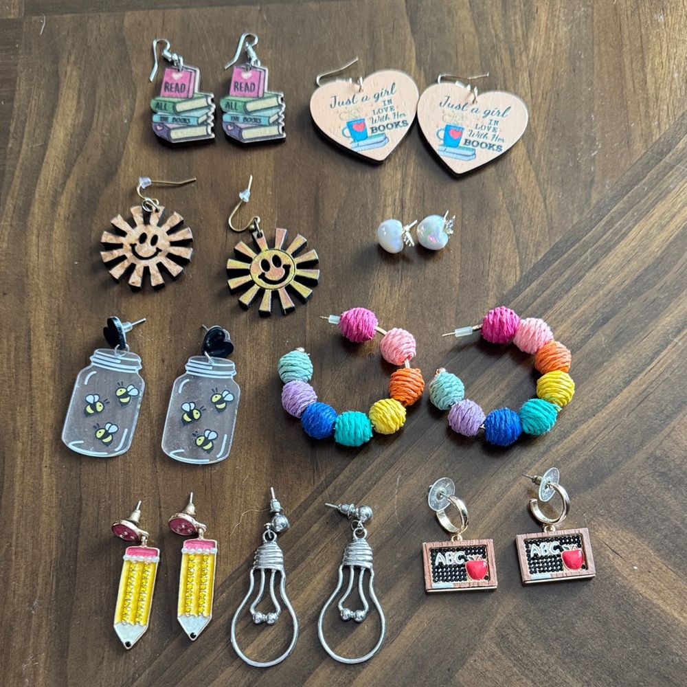 Teacher Earring Set - 9 Pairs- Pencil, Apple, Books, ABC - Classroom Jewelry Lot